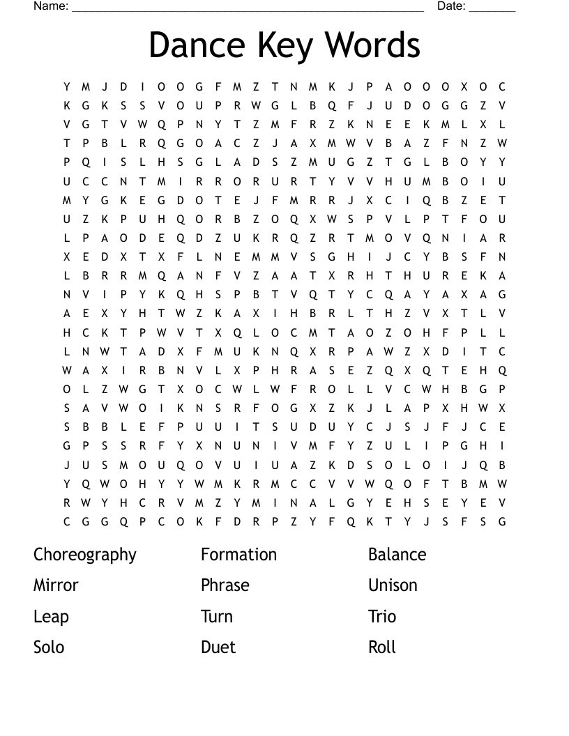 Dance Key Words Word Search WordMint