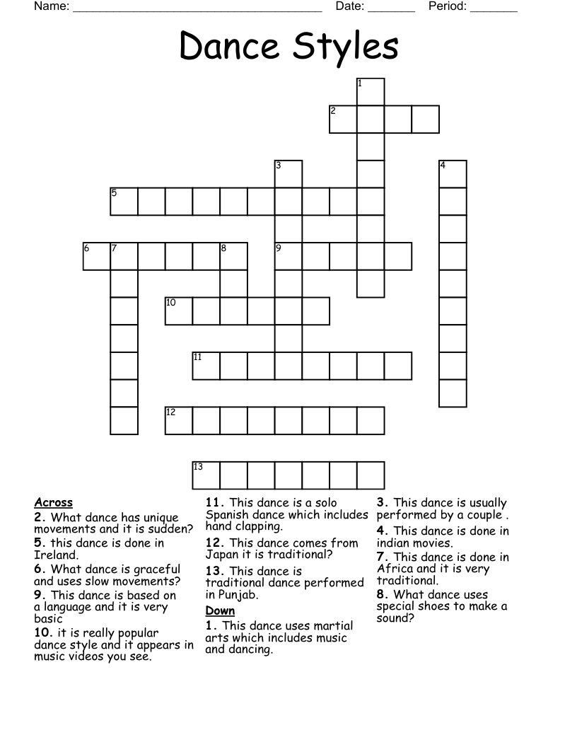 Dance Styles Crossword WordMint