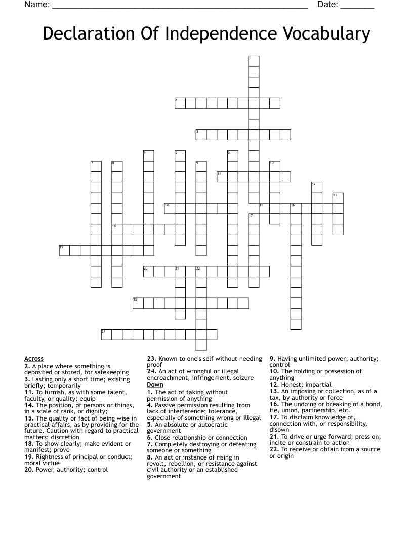 Similar to Declaration of Independence Crossword WordMint