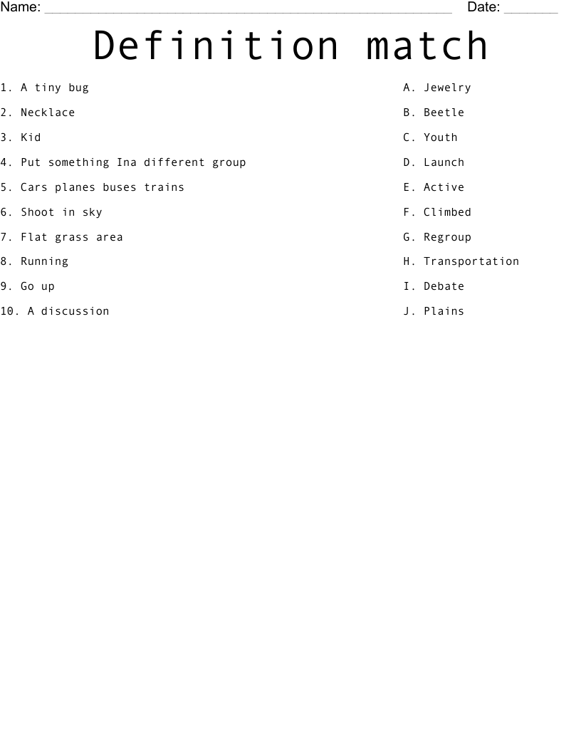 Definition match Worksheet WordMint