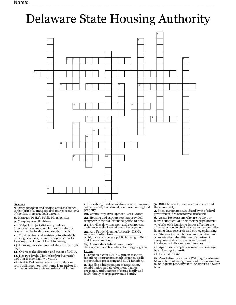 Delaware State Housing Authority Crossword WordMint