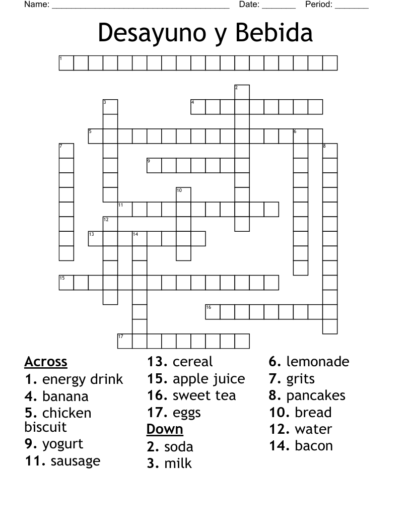 Desayuno y Bebida Crossword WordMint