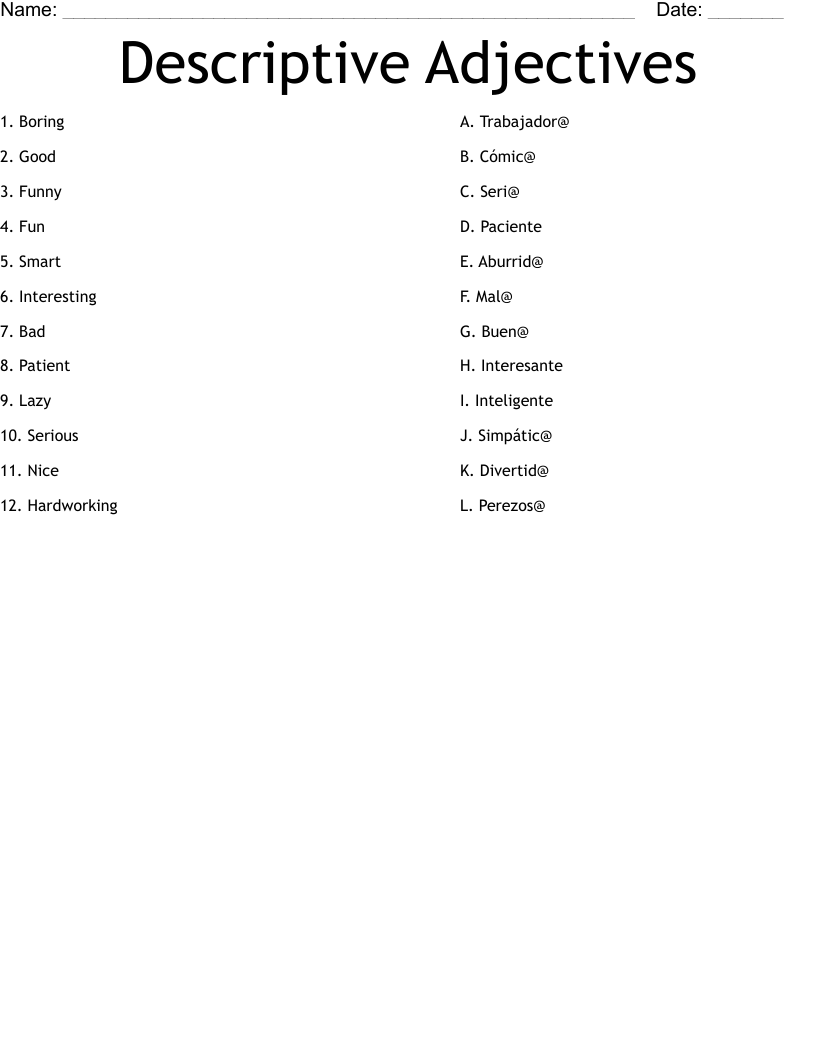 Descriptive Adjectives Worksheet WordMint