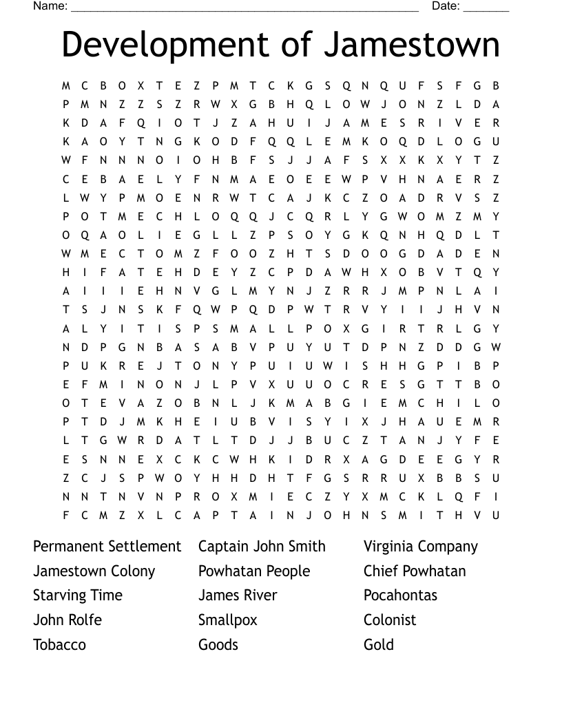 THE JAMESTOWN COLONY Word Search WordMint