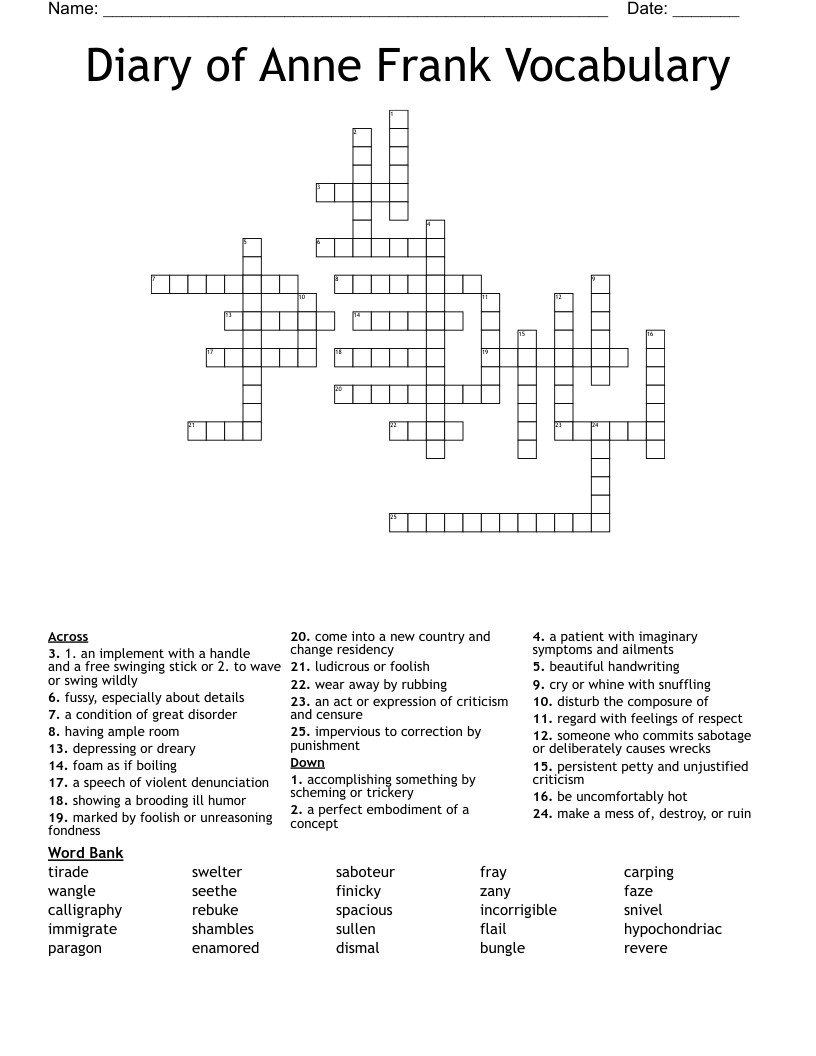 Diary of Anne Frank Vocabulary Crossword WordMint