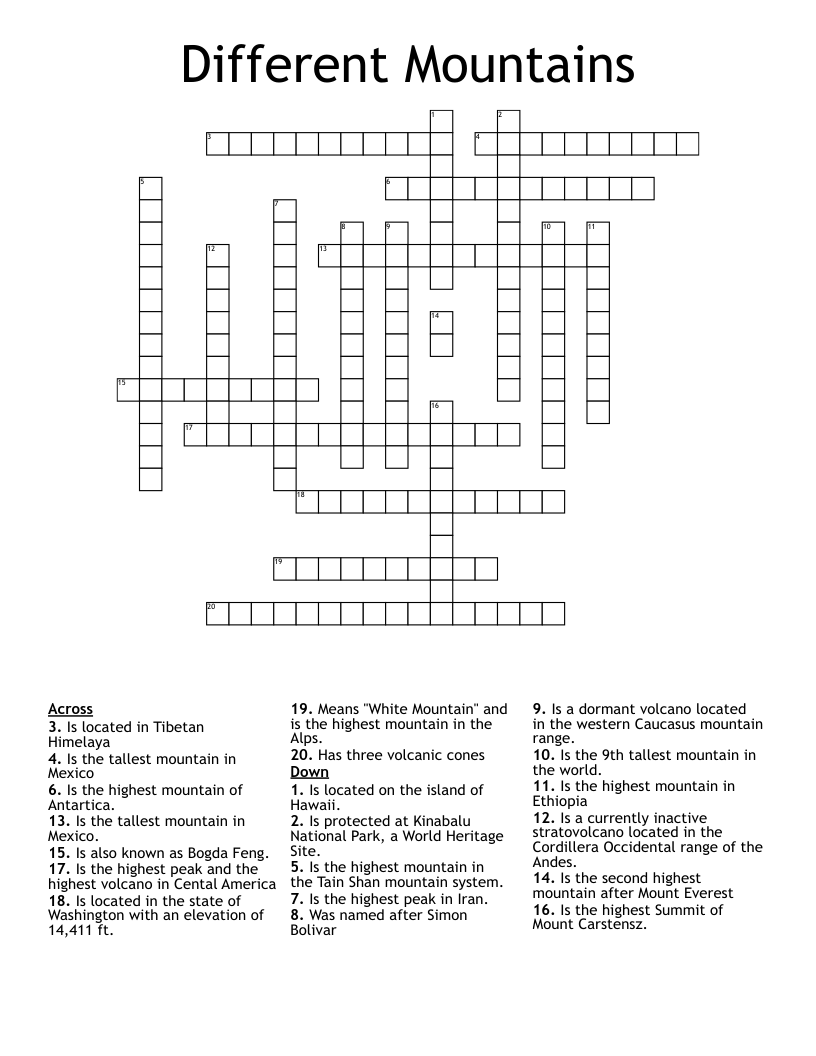 Different Mountains Crossword WordMint