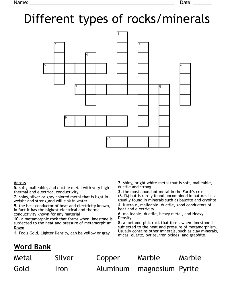 Different types of rocks/minerals Crossword WordMint