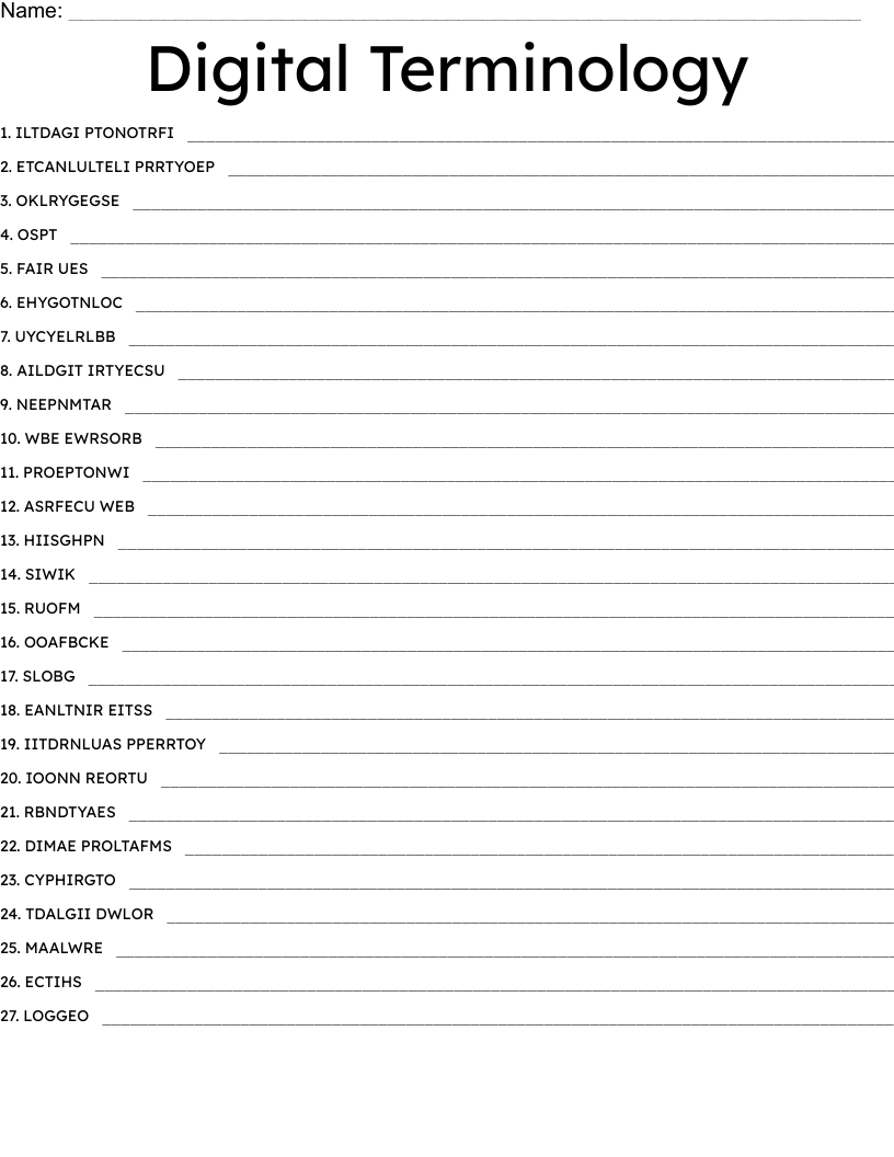 Digital Terminology Word Scramble WordMint