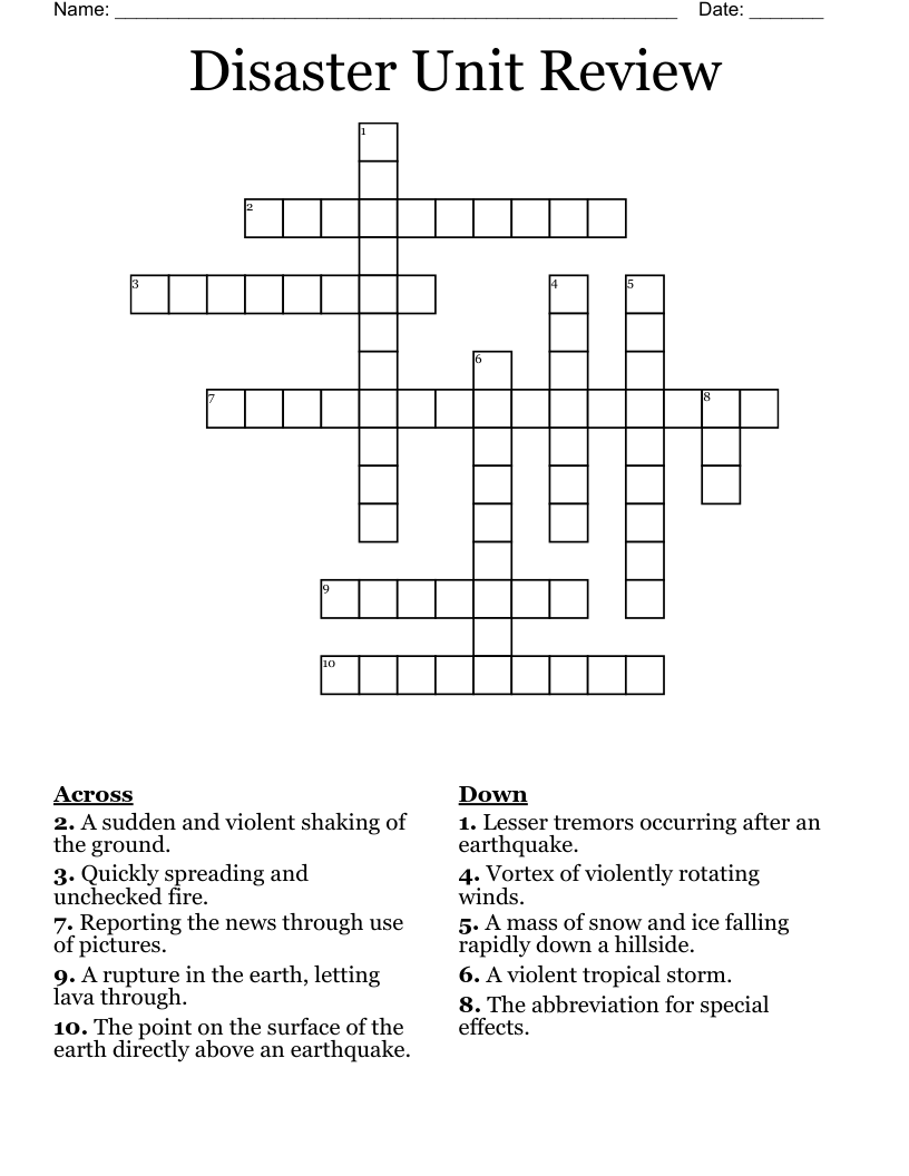 Disaster Unit Review Crossword WordMint