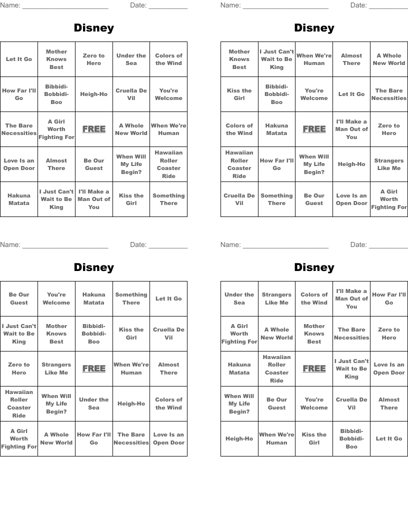 Disney Bingo Cards WordMint