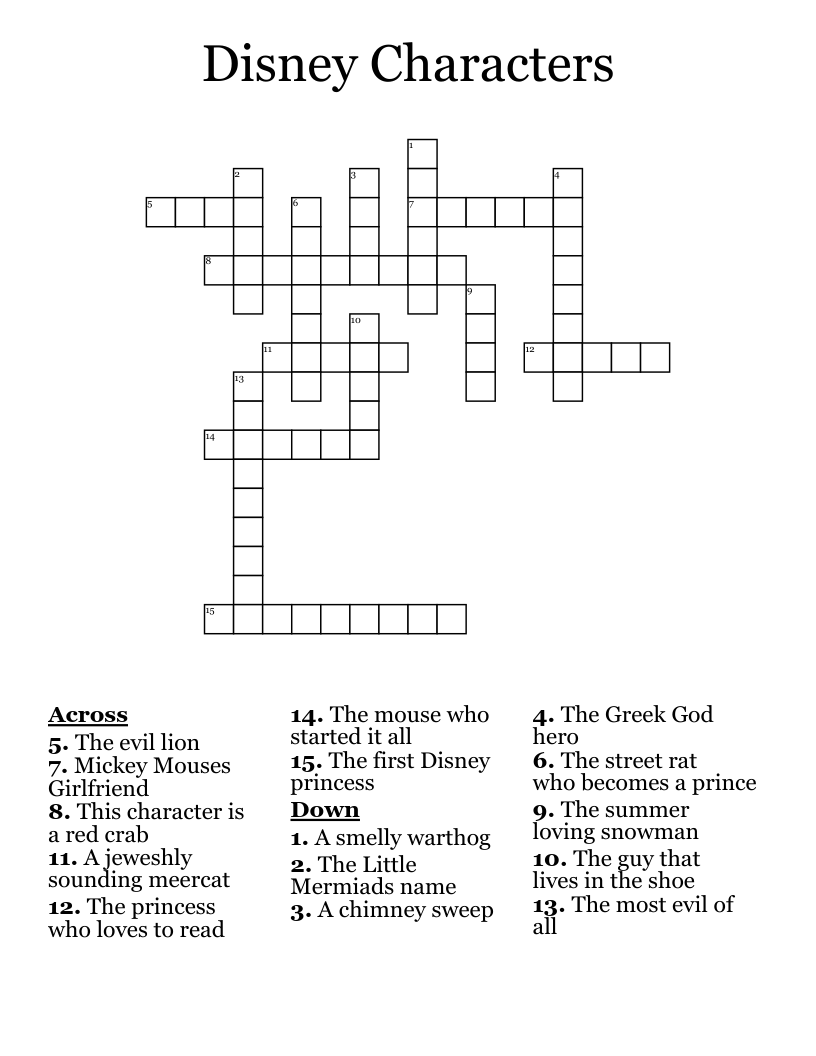 Disney Characters Crossword - WordMint