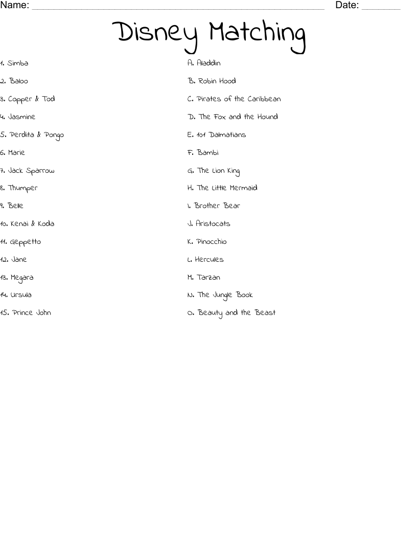 Disney Parent Match Worksheet WordMint