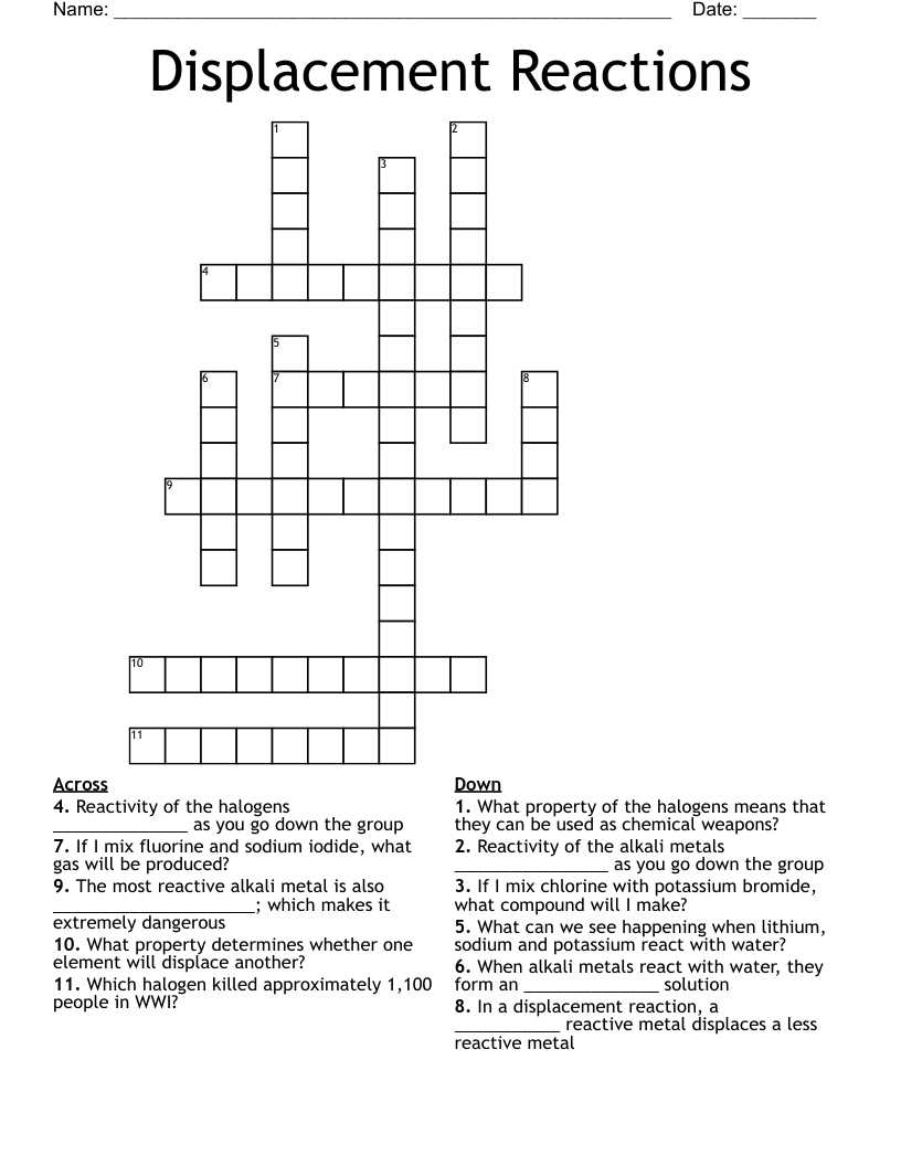 Displacement Reactions Crossword WordMint