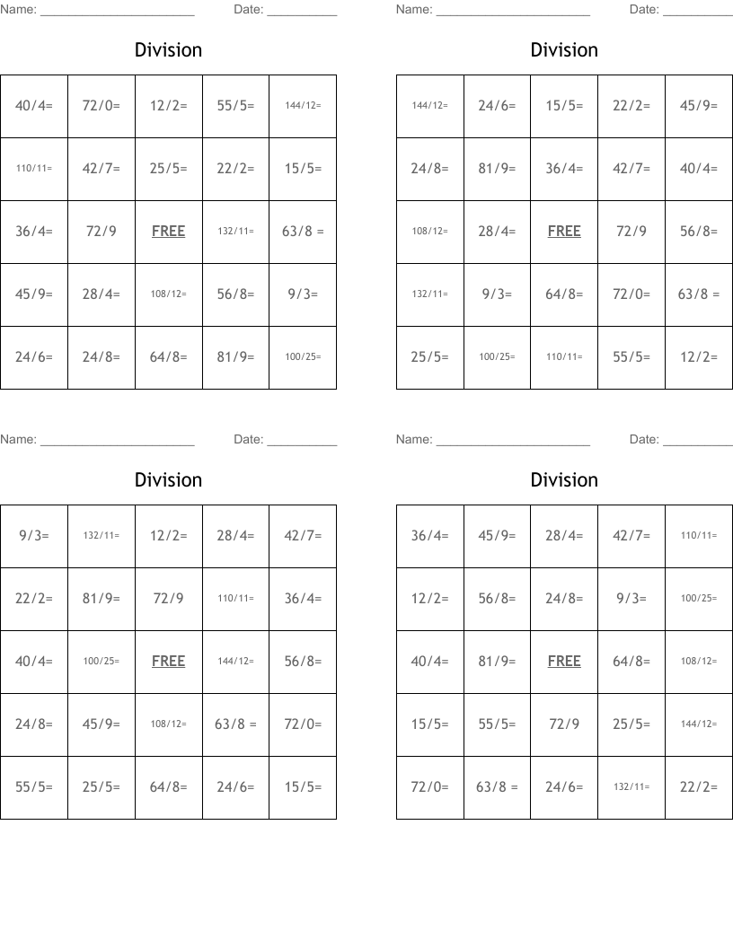 Division Bingo Cards WordMint