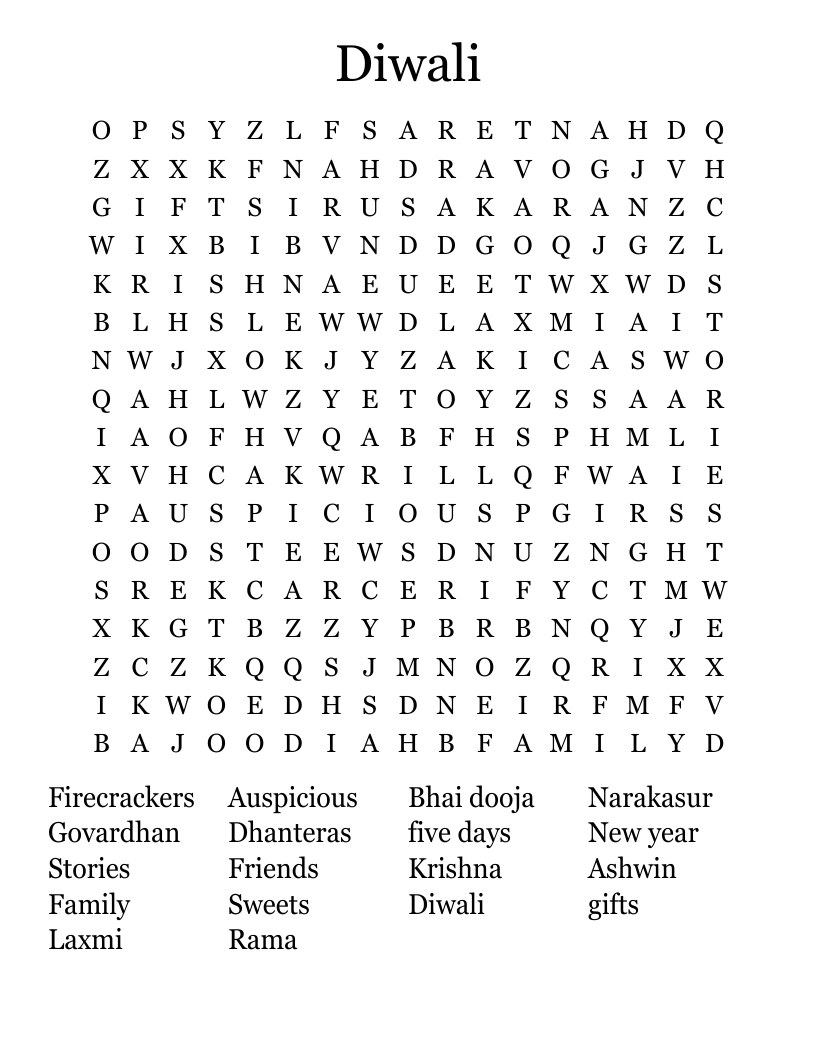 Diwali Word Search WordMint