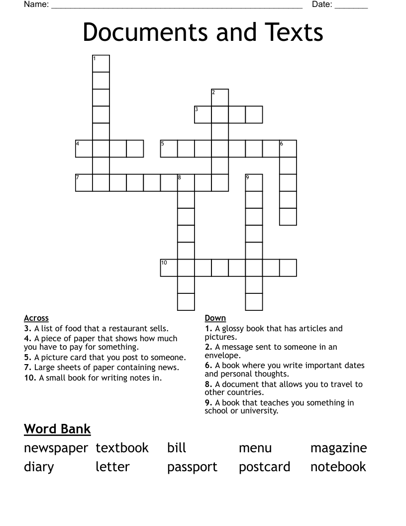 Documents and Texts Crossword WordMint