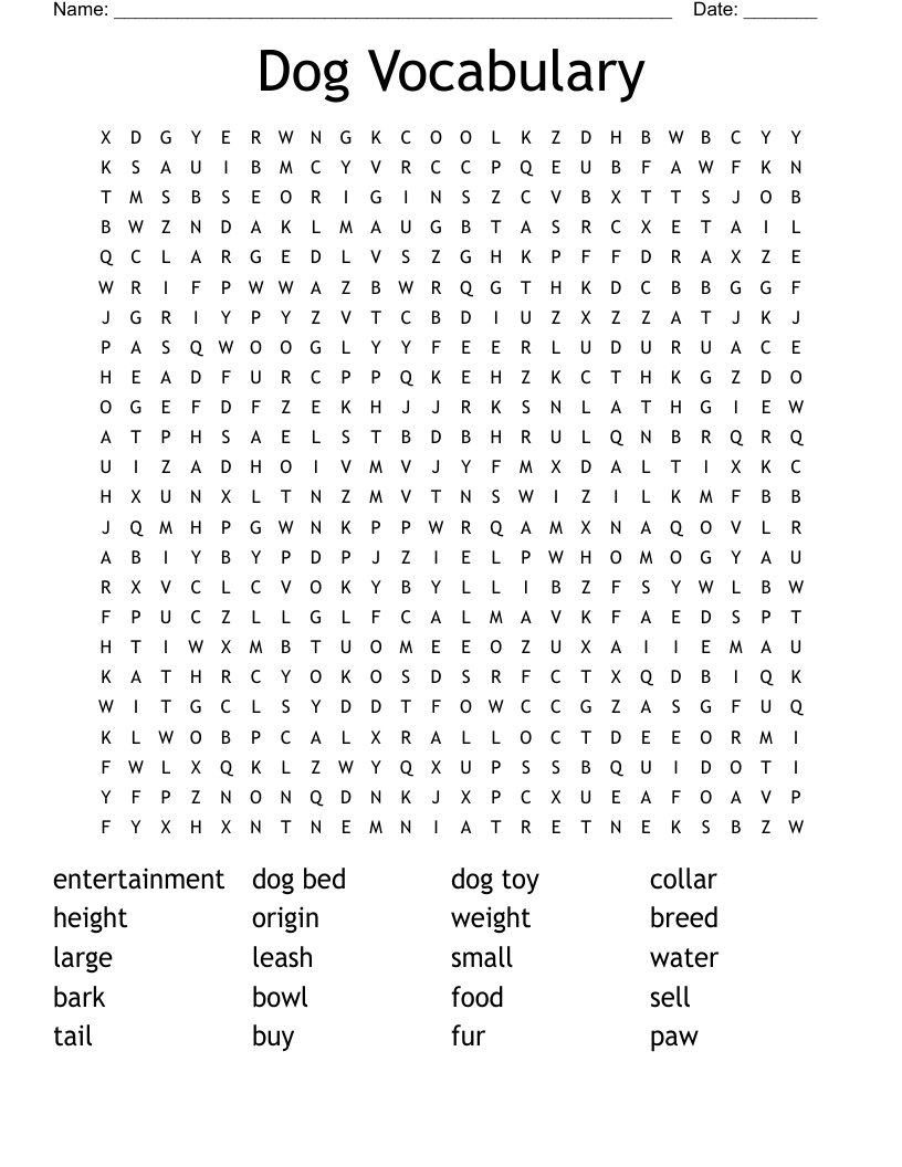 Dog Vocabulary Word Search WordMint