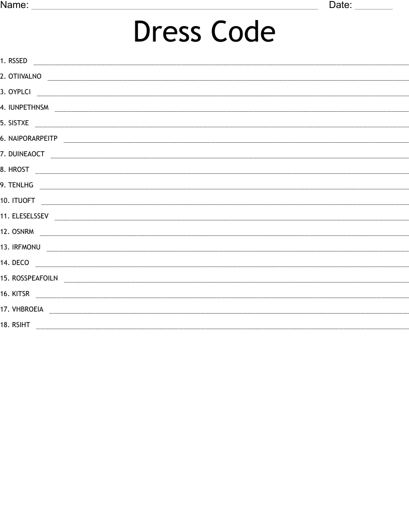 Dress Code Word Scramble WordMint