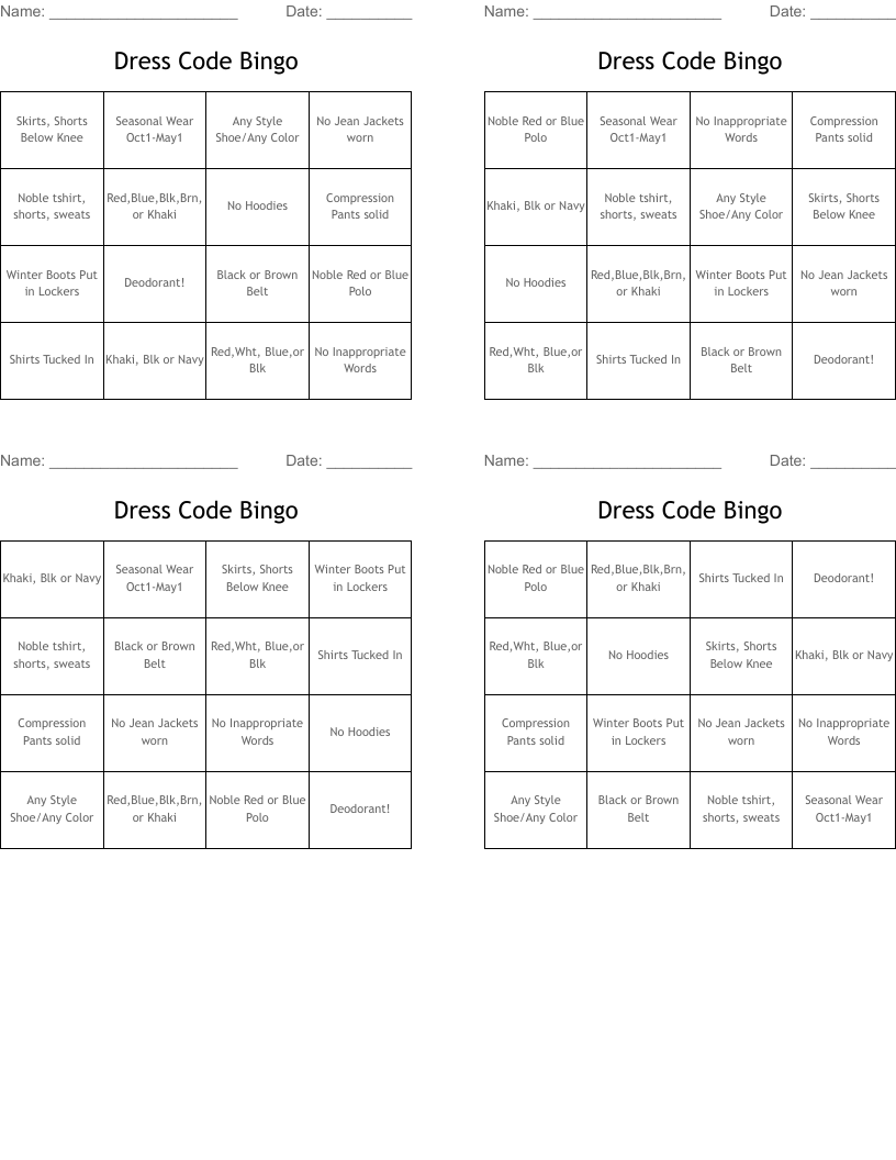 Dress Code Bingo WordMint