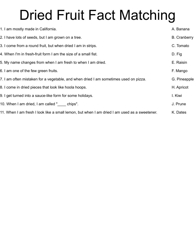 Dried Fruit Fact Matching Worksheet WordMint