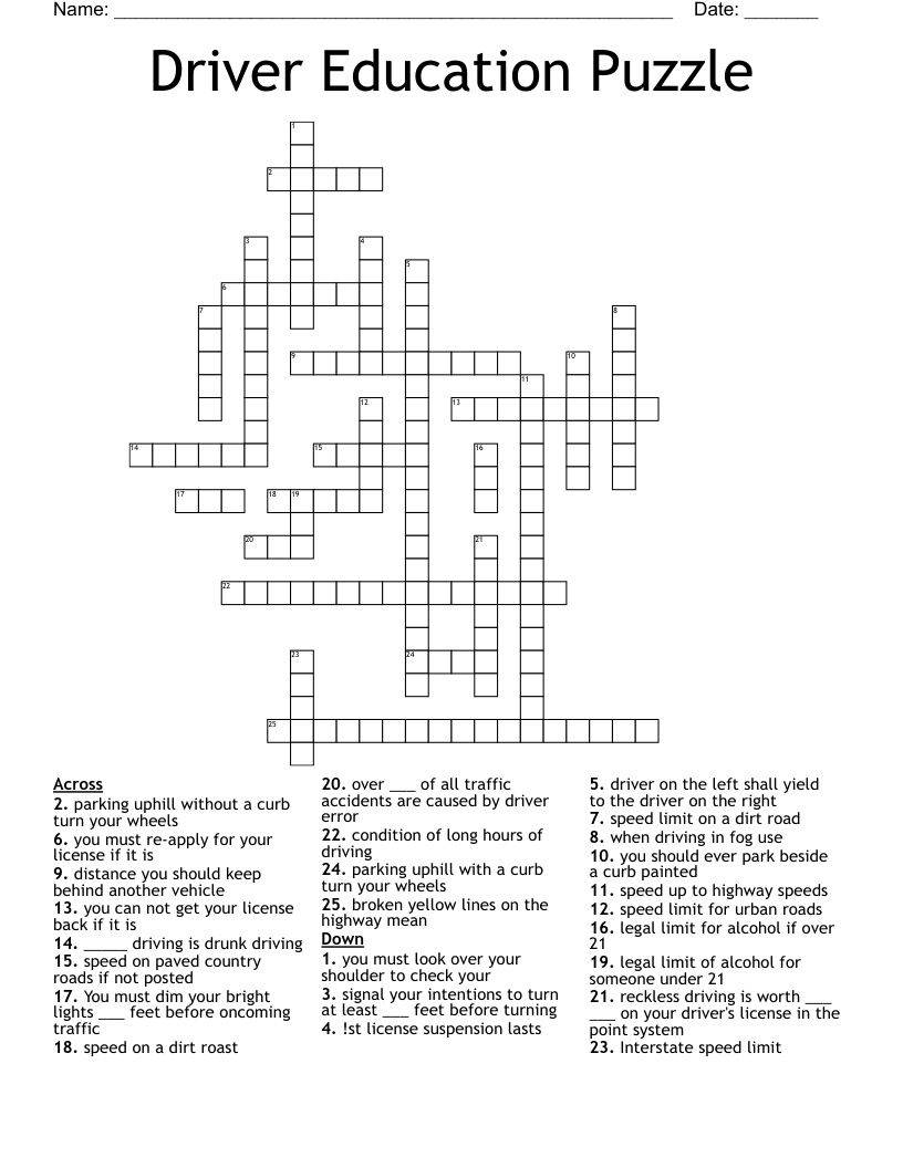 Driver Education Puzzle Crossword WordMint
