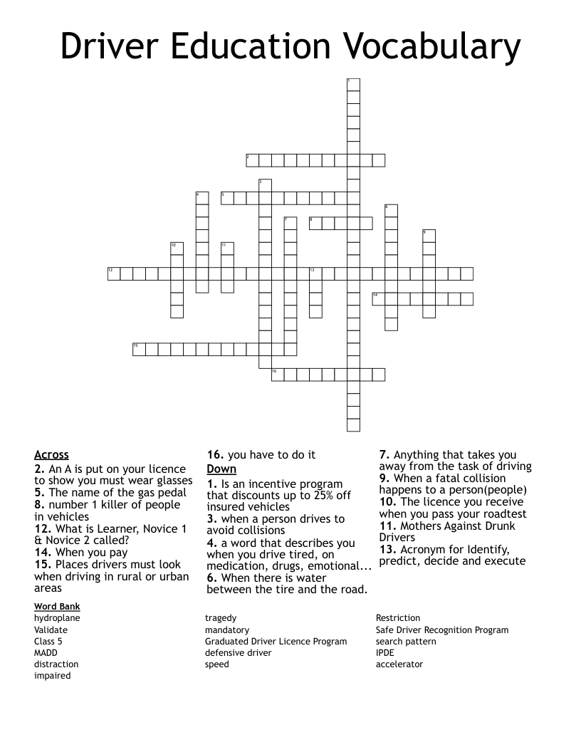 Driver Education Vocabulary Crossword WordMint