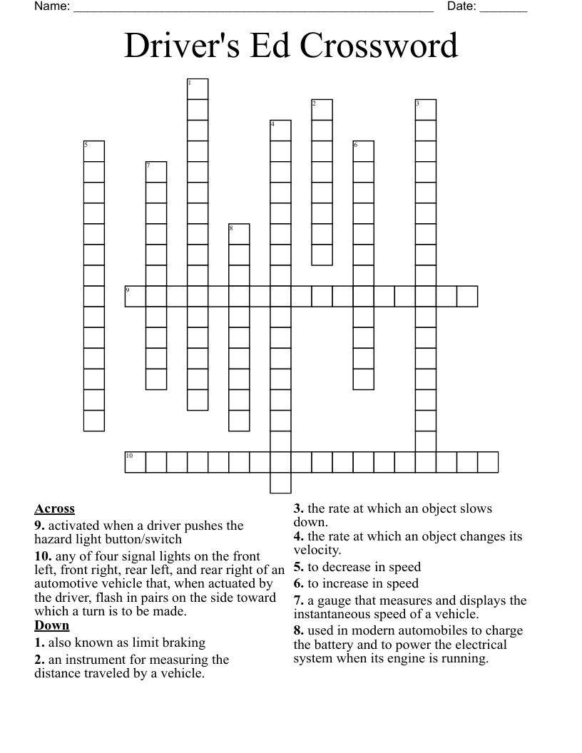 Driver's Ed Crossword WordMint