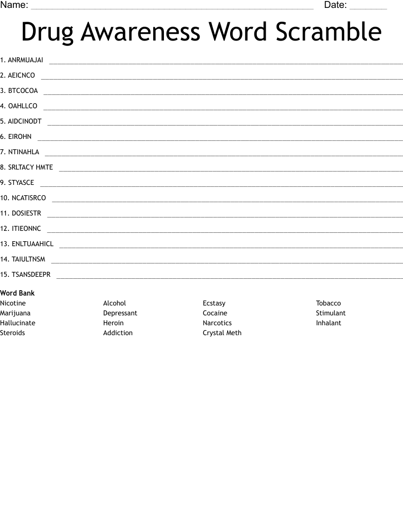 Drug and alcohol Word Search WordMint