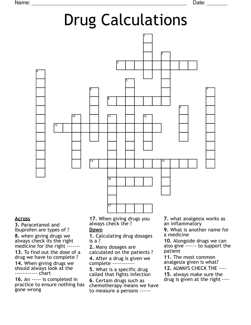 Drug Calculations Crossword WordMint