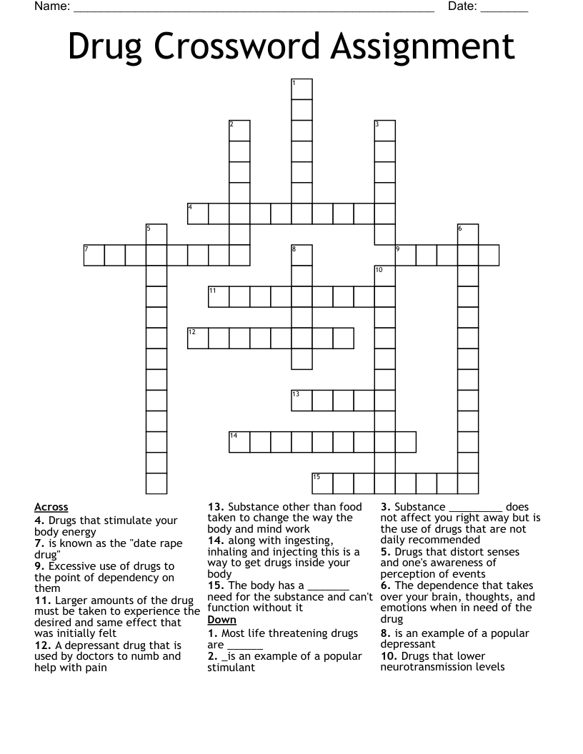 Drug Crossword Assignment WordMint