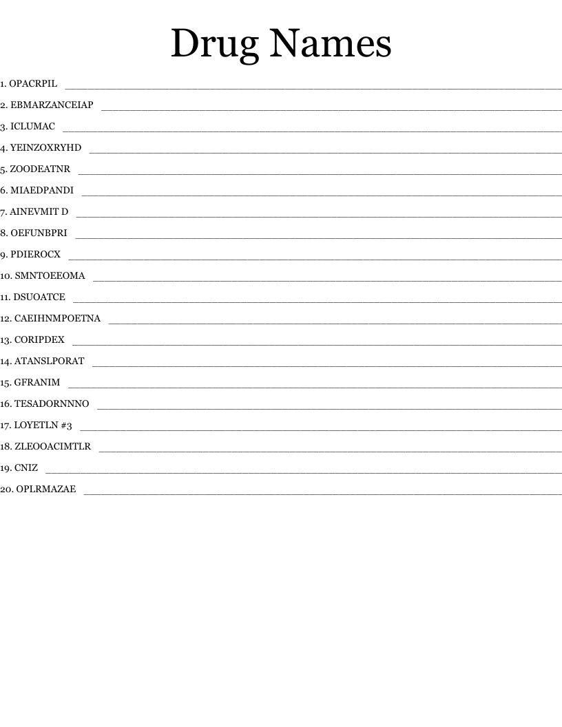 Drug Names Word Scramble WordMint