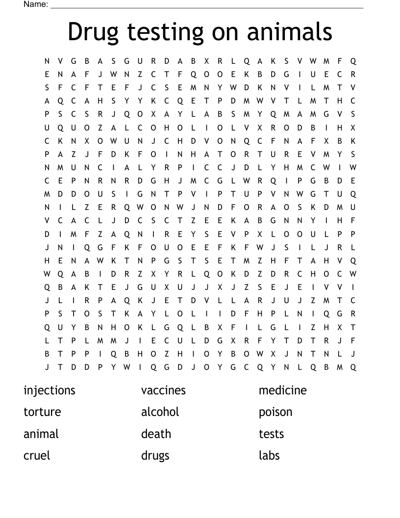 Drug testing on animals Word Search WordMint