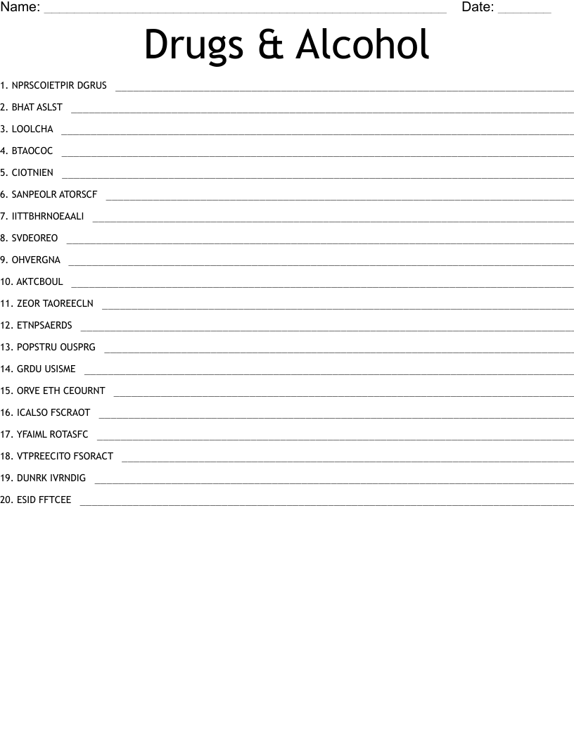 Drugs & Alcohol Word Scramble WordMint