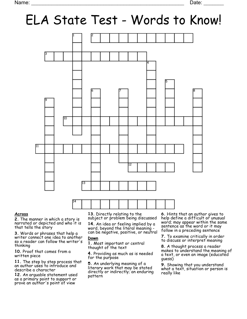 English 1 to 4 Test Vocabulary Crossword WordMint