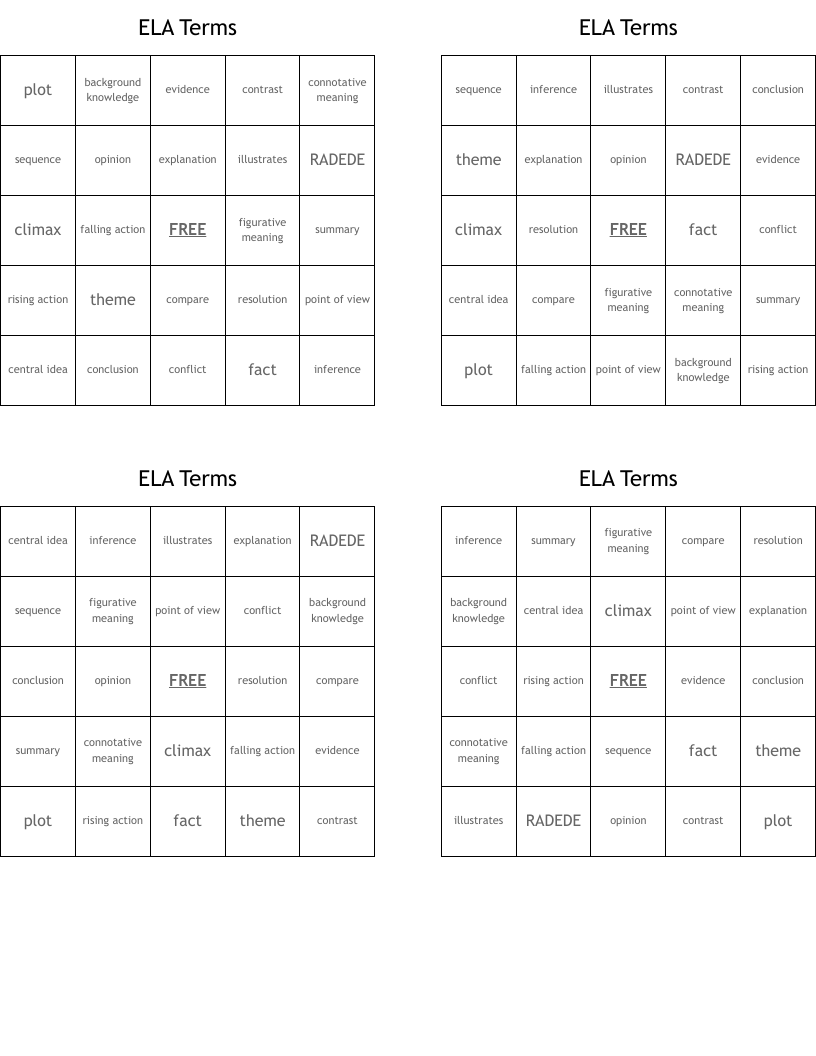 ELA Terms Bingo Cards WordMint