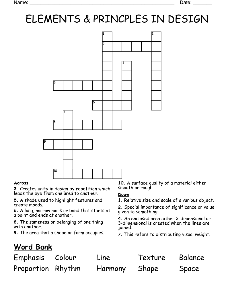 ELEMENTS & PRINCPLES IN DESIGN Crossword WordMint
