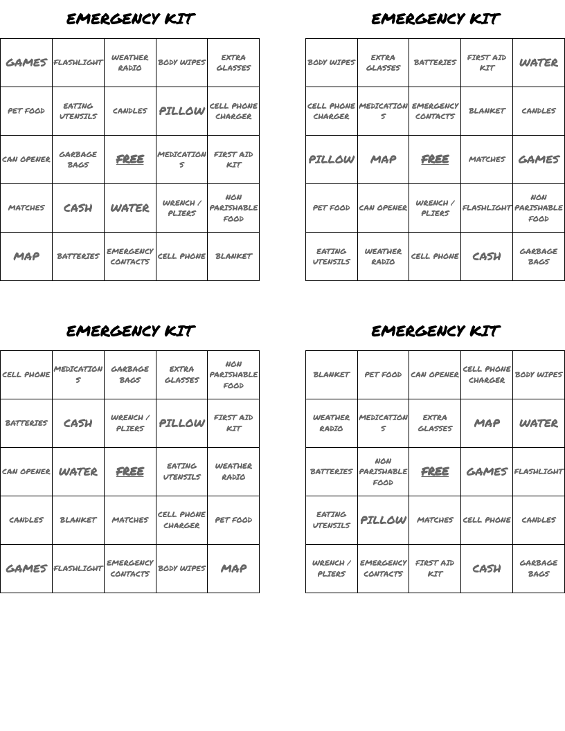 EMERGENCY KIT Bingo Cards WordMint