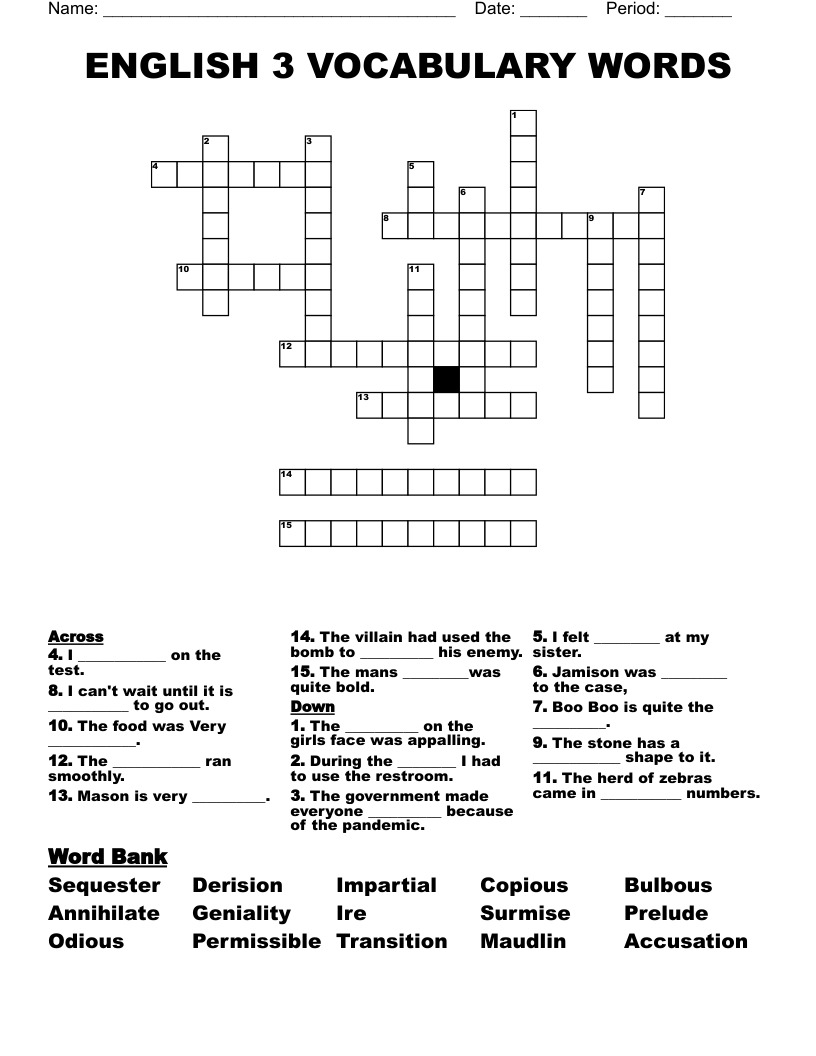 ENGLISH 3 VOCABULARY WORDS Crossword WordMint