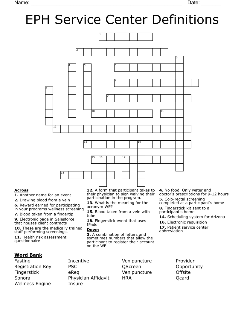 EPH Service Center Definitions Crossword WordMint