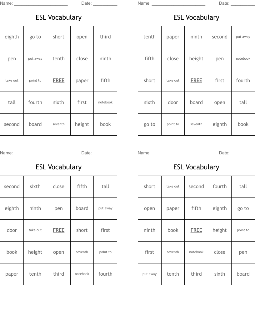 ESL Vocabulary Bingo Cards WordMint