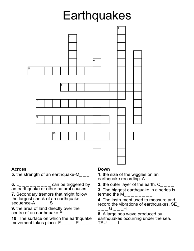 Earthquakes Crossword WordMint