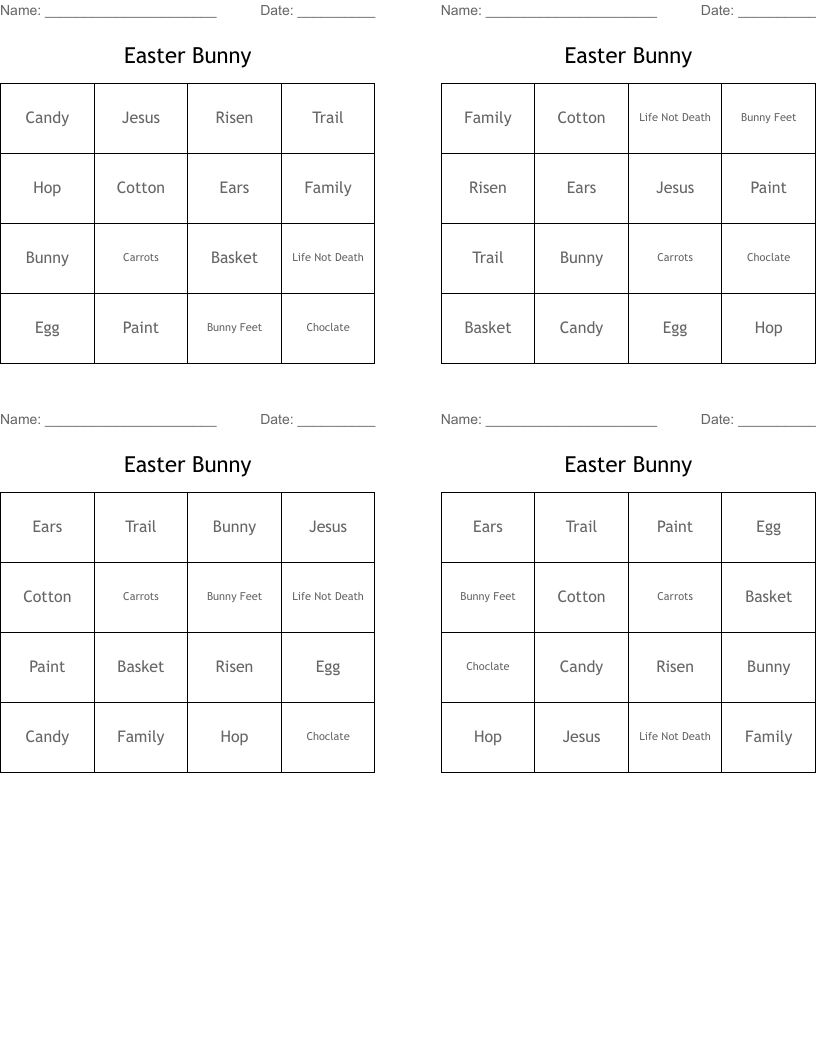 Easter Bunny Bingo Cards WordMint