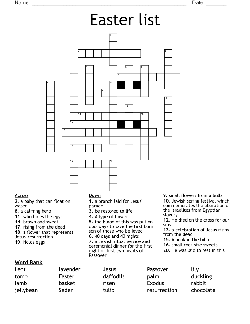 Easter list Crossword - WordMint