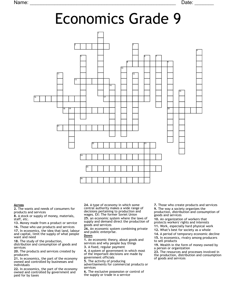 Economics Grade 9 Crossword - Wordmint