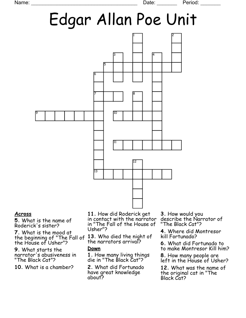 Edgar Allan Poe Unit Crossword WordMint