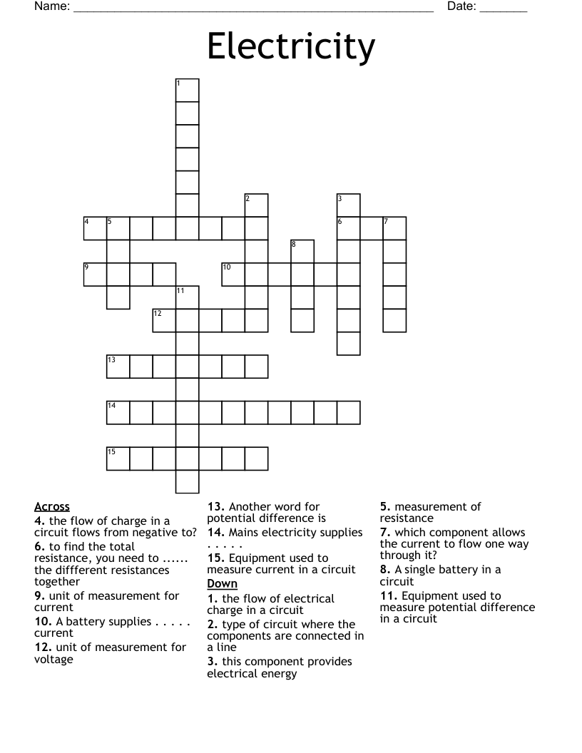 Physics year 10 electricity Crossword WordMint