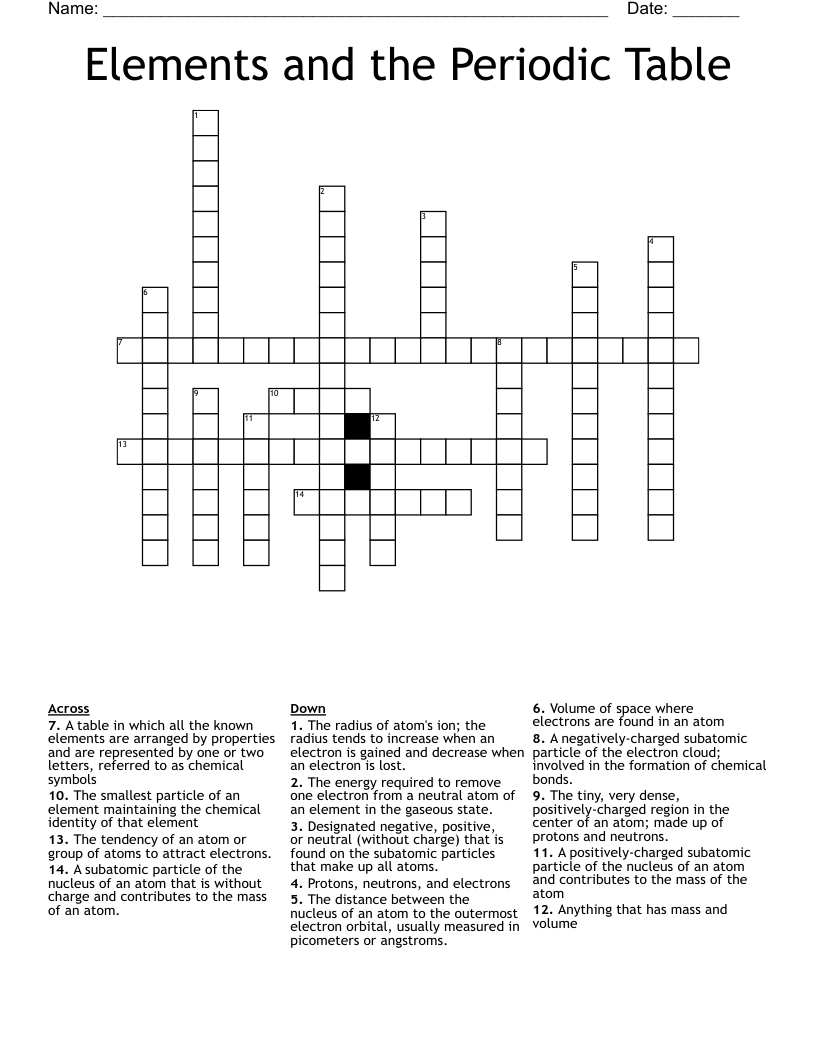 Elements and the Periodic Table Crossword WordMint