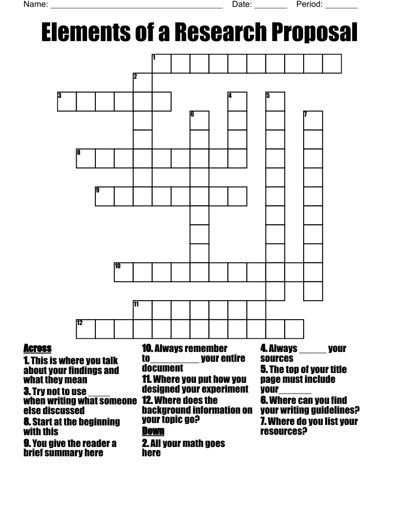 Elements of a Research Proposal Crossword WordMint
