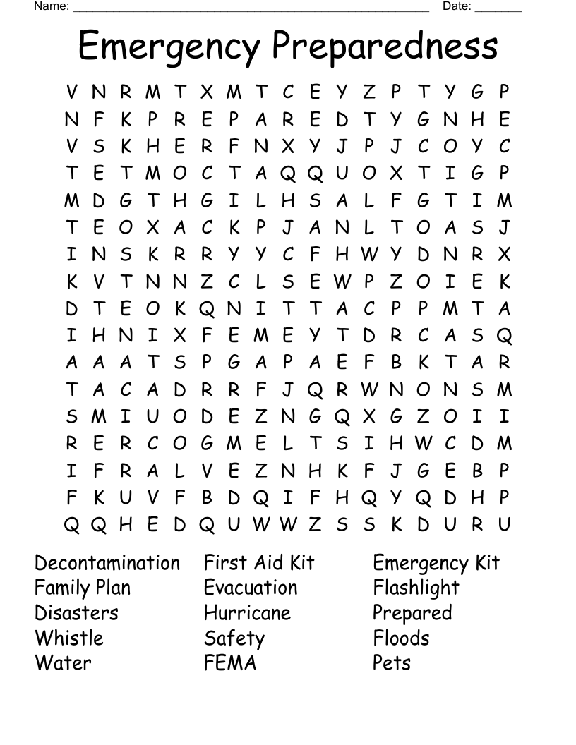 Emergency Preparedness Word Search WordMint
