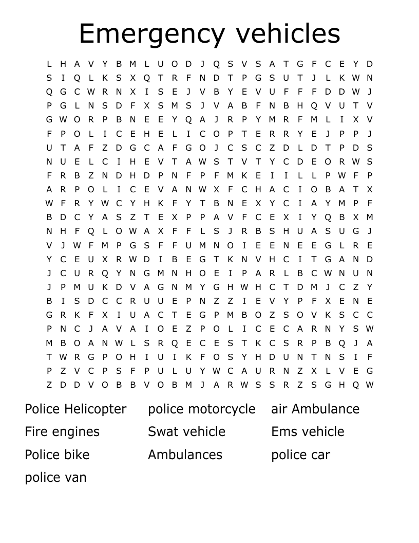 Emergency Services Crosswords, Word Searches, Bingo Cards WordMint